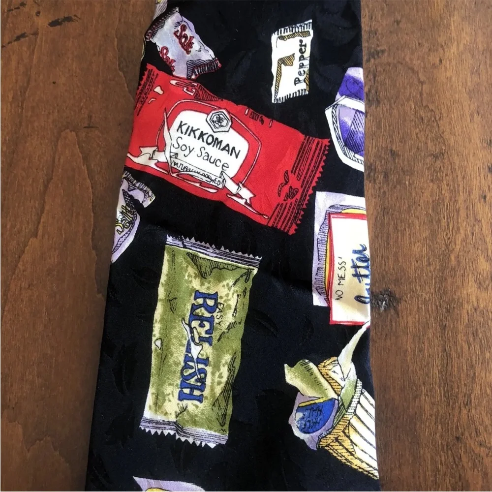 Nicole Miller Sweet & Low Relish Soy Sauce Condiment Silk Tie Vintage 90s 1993